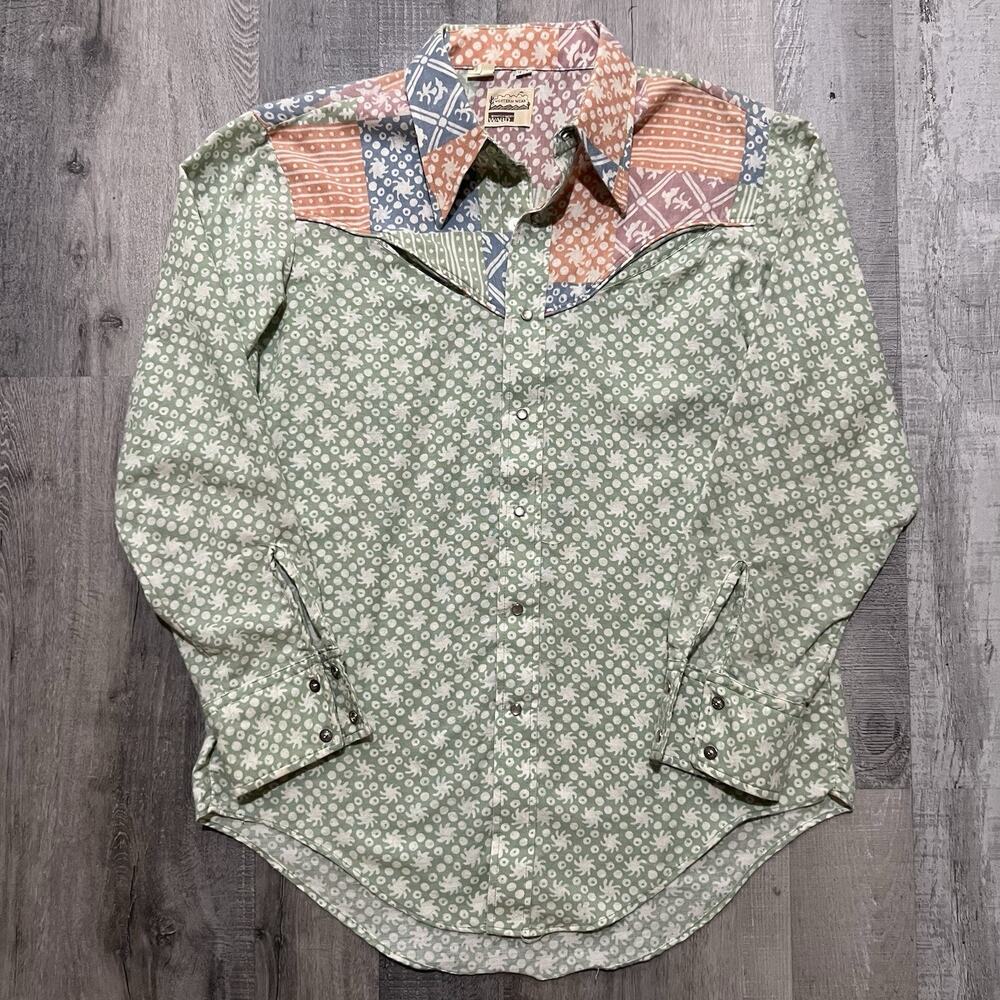 VTG 70s Montgomery Ward Patchwork Pearl Snap Western Shirt Cotton Pinwheel Motif